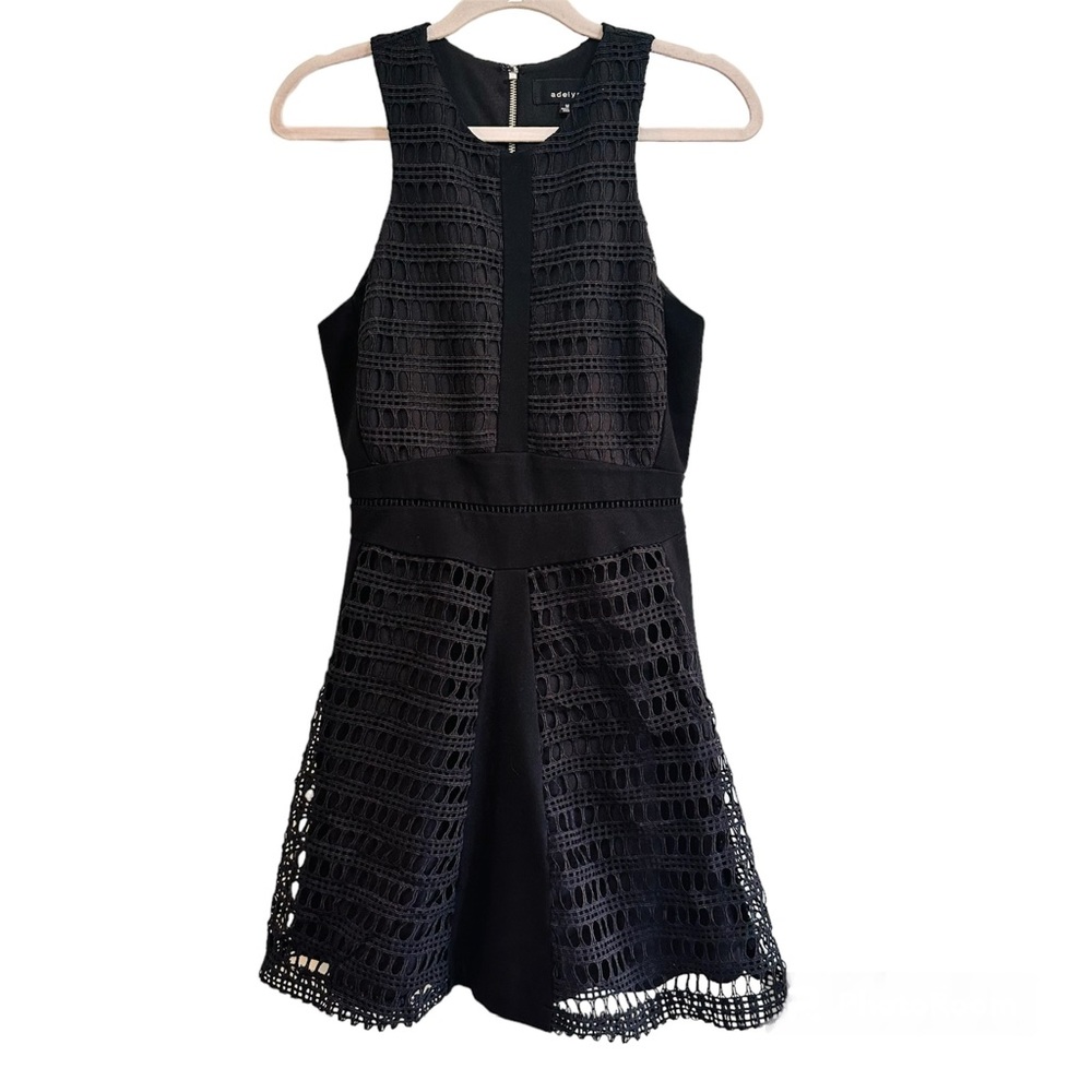 Adelyn Rae black eyelet overlay fit and flare LBD dress, size medium